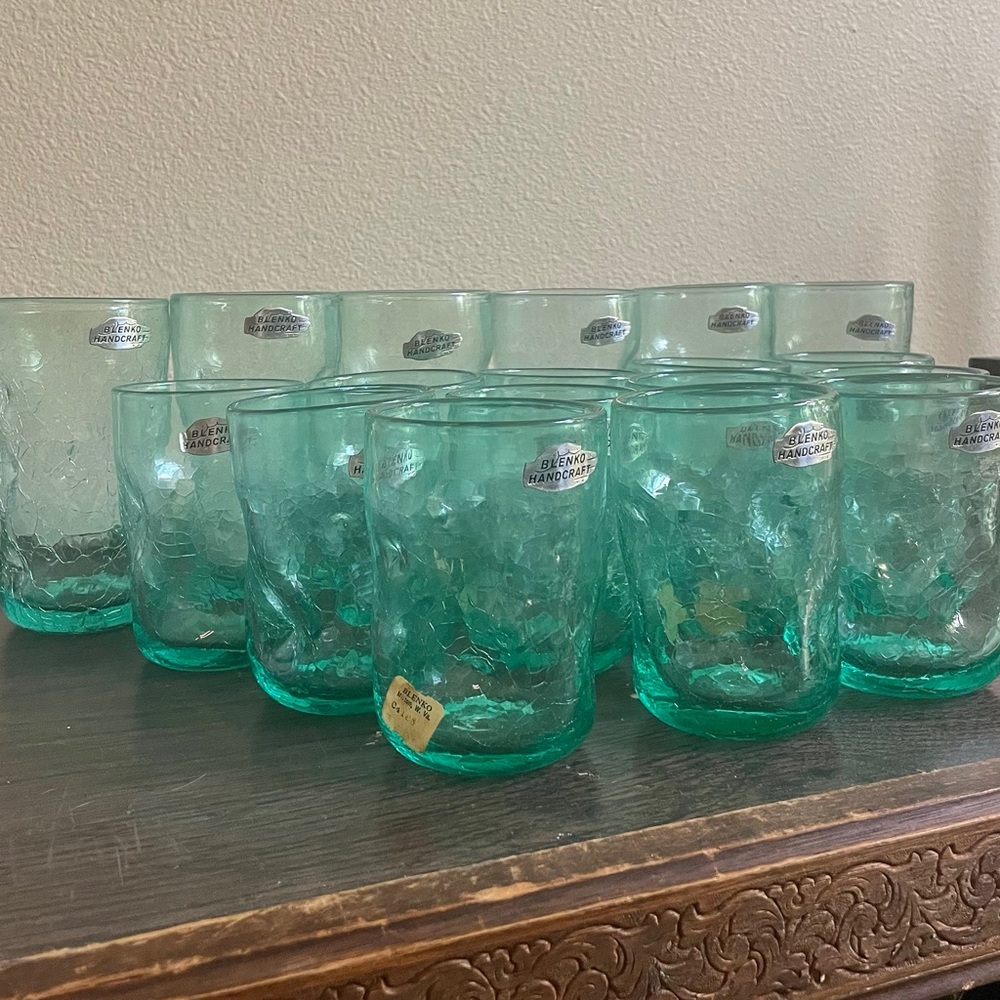 Blenko Glass Vintage Handblown 1980s Crackle Dimple Tumblers Set of 18